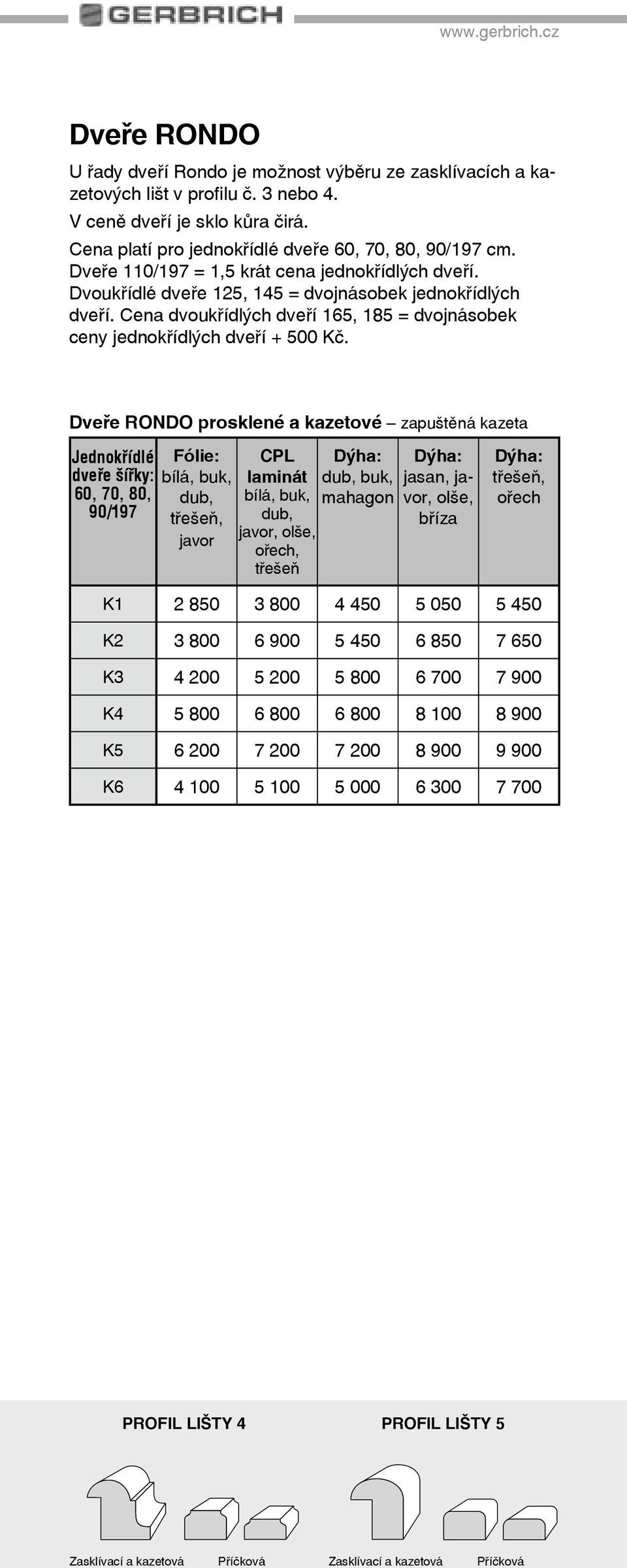 Dveøe RONDO prosklené a kazetové zapuštìná kazeta dveře šířky: Fólie: javor CPL laminát javor, olše, oøech, tøešeò buk, mahagon jasan, javor, olše, bøíza oøech K1 2 850 3 800 4 450 5 050 5 450 K2 3