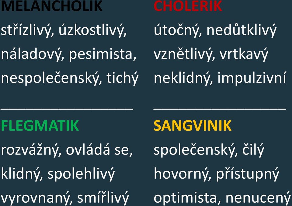 smířlivý CHOLERIK útočný, nedůtklivý vznětlivý, vrtkavý neklidný,