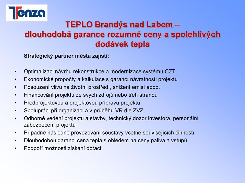 Financování projektu ze svých zdrojů nebo třetí stranou Předprojektovou a projektovou přípravu projektu Spolupráci při organizaci a v průběhu VŘ dle ZVZ