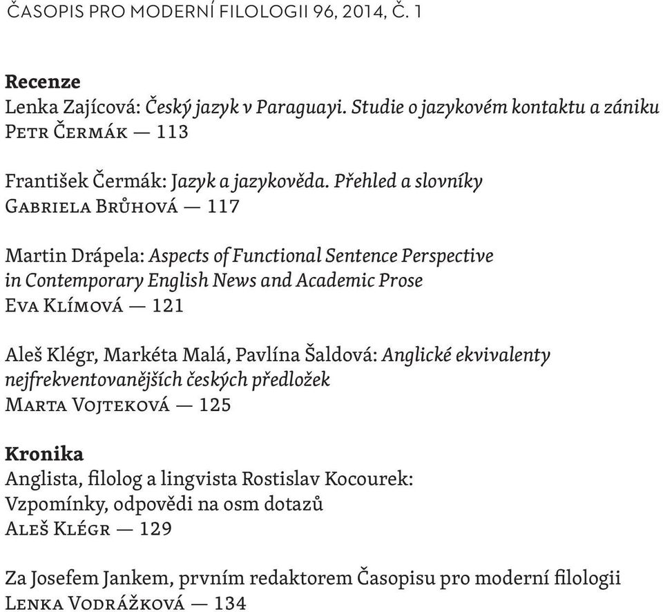 Přehled a slovníky Gabriela Brůhová 117 Martin Drápela: Aspects of Functional Sentence Perspective in Contemporary English News and Academic Prose Eva Klímová 121