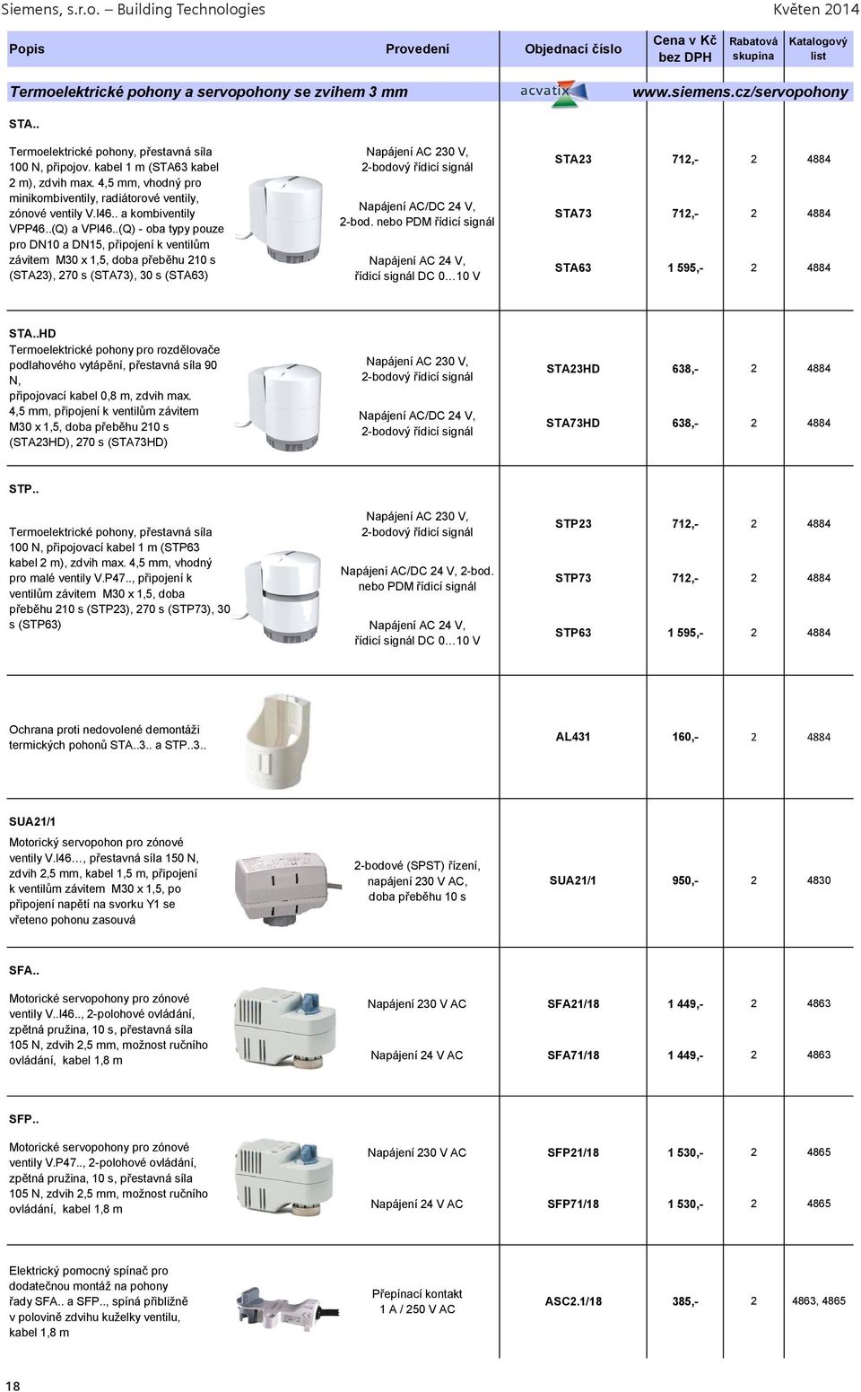 .(Q) - oba typy pouze pro DN10 a DN15, p ipojení k ventil m závitem M30 x 1,5, doba p eb hu 210 s (STA23), 270 s (STA73), 30 s (STA63) Napájení AC 230 V, 2-bodový ídicí signál Napájení AC/DC 24 V,