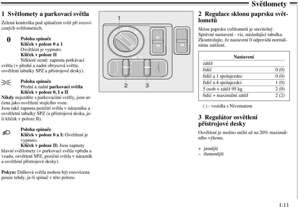 Poloha spínače Přední a zadní parkovací světla Klíček v poloze 0, I a II Nikdy nejezděte s parkovacími světly, jsou určena jako osvětlení stojícího vozu.