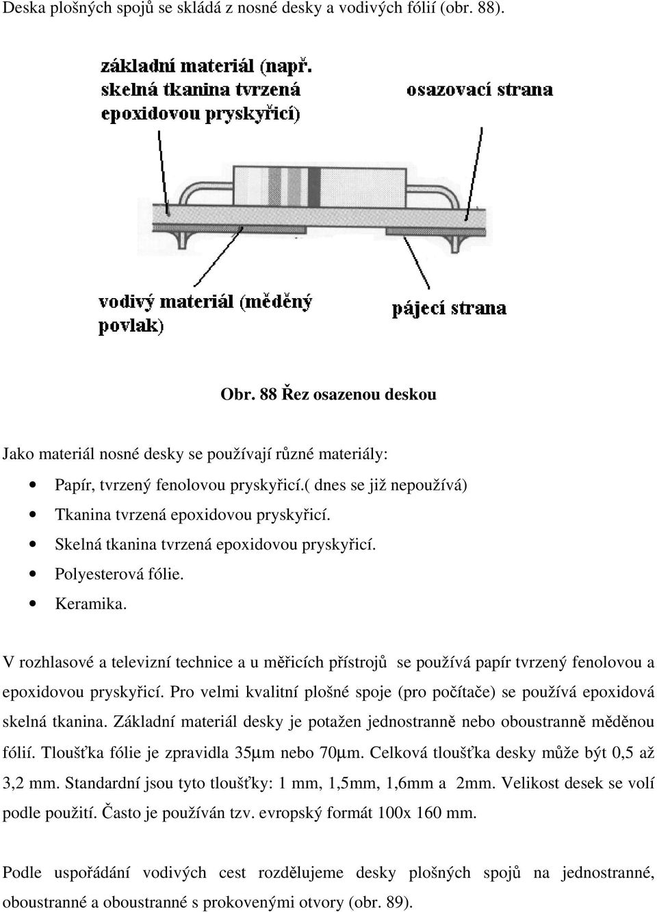 V rozhlasové a televizní technice a u měřicích přístrojů se používá papír tvrzený fenolovou a epoxidovou pryskyřicí. Pro velmi kvalitní plošné spoje (pro počítače) se používá epoxidová skelná tkanina.