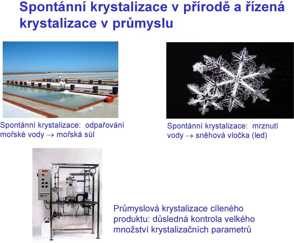 krystalizace: mrznutí vody sněhová vločka (led) Průmyslová krystalizace