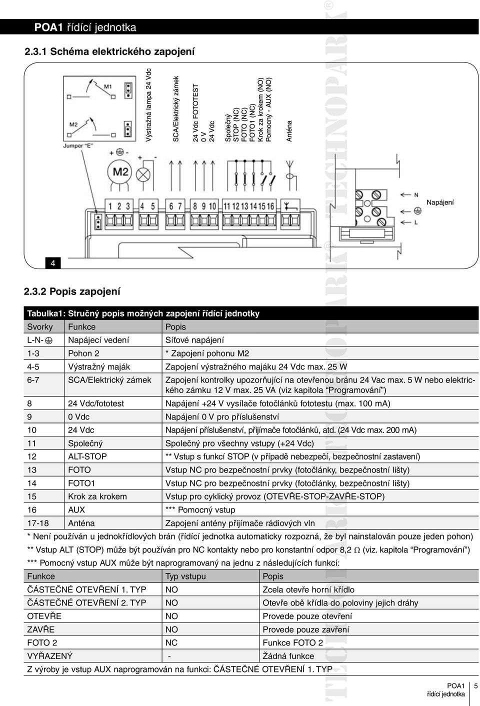 5 W nebo elektrického zámku 12 V max. 25 VA (viz kapitola Programování ) 8 24 Vdc/fototest Napájení +24 V vysílače fotočlánků fototestu t (max.