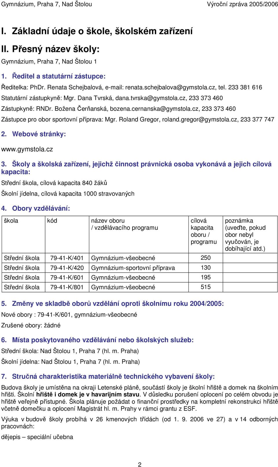 cz, 233 373 460 Zástupce pro obor sportovní příprava: Mgr. Roland Gregor, roland.gregor@gymstola.cz, 233 377 747 2. Webové stránky: www.gymstola.cz 3.