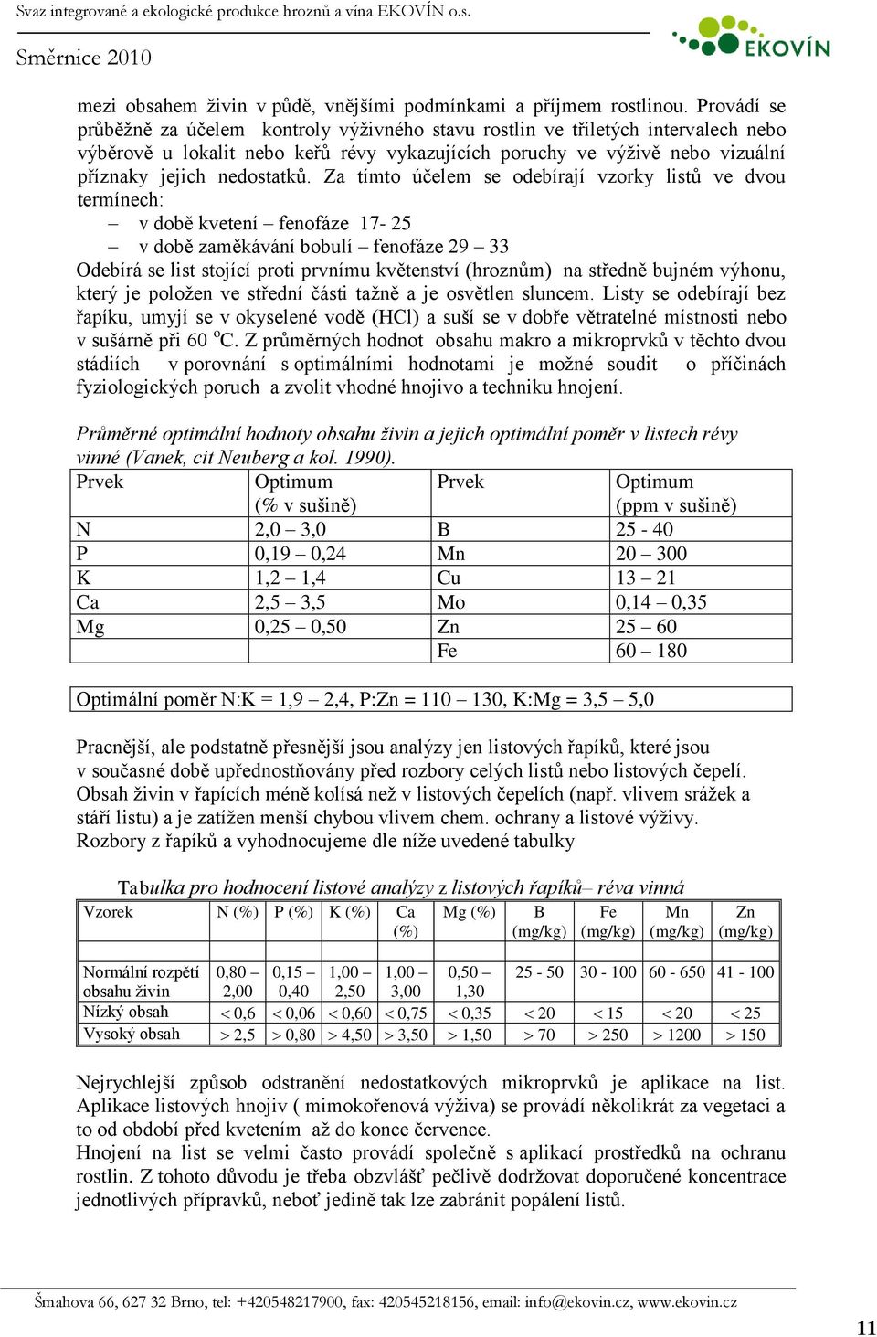 Za tímto účelem se odebírají vzorky listů ve dvou termínech: v době kvetení fenofáze 17-25 v době zaměkávání bobulí fenofáze 29 33 Odebírá se list stojící proti prvnímu květenství (hroznům) na