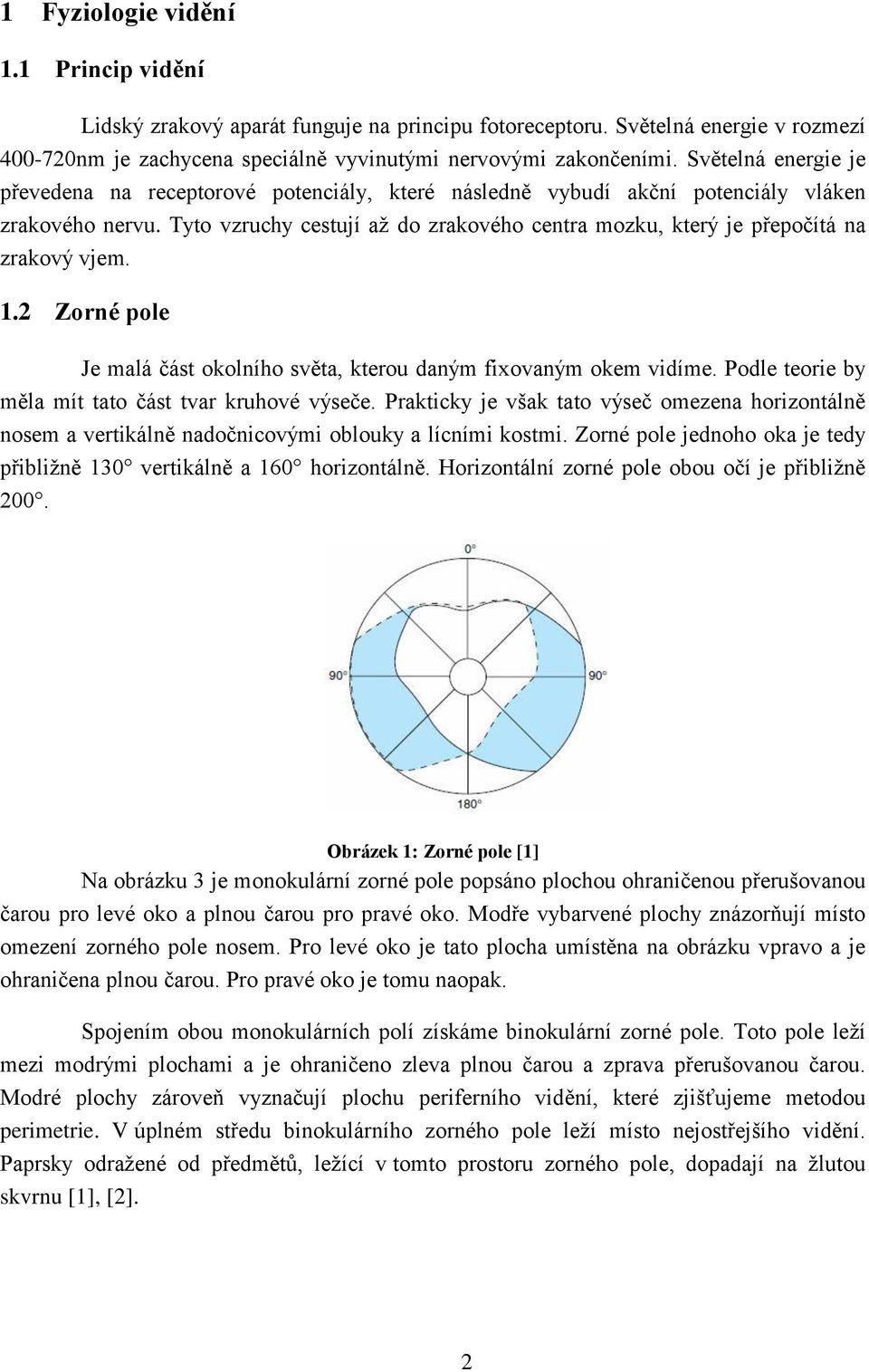 Tyto vzruchy cestují až do zrakového centra mozku, který je přepočítá na zrakový vjem. 1.2 Zorné pole Je malá část okolního světa, kterou daným fixovaným okem vidíme.