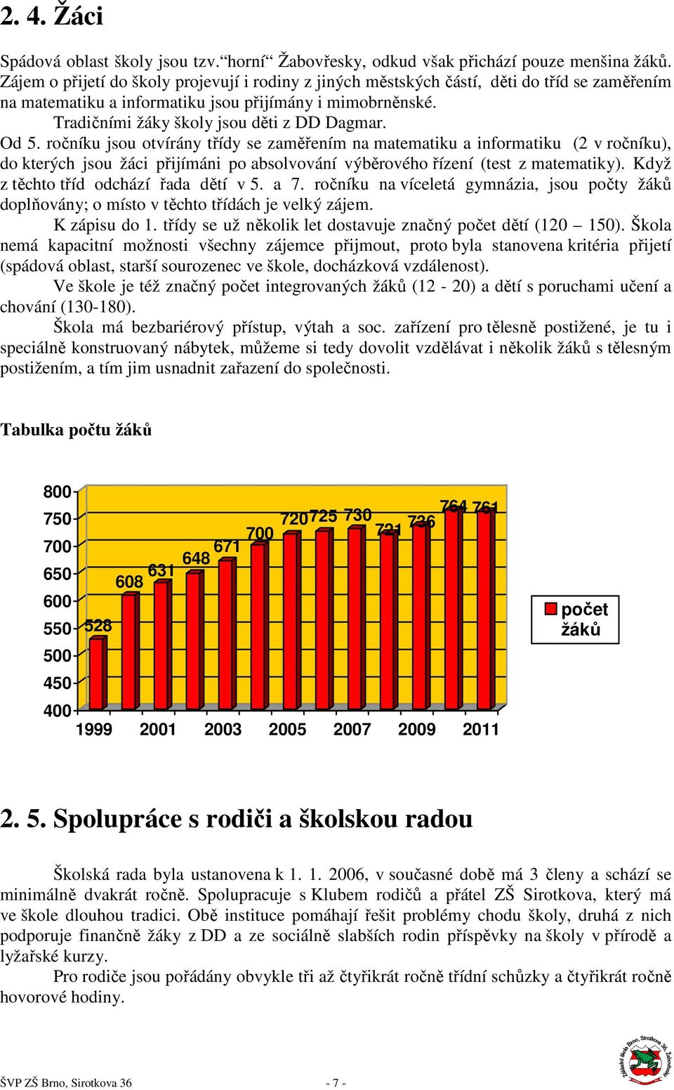 Od 5. ročníku jsou otvírány třídy se zaměřením na matematiku a informatiku (2 v ročníku), do kterých jsou žáci přijímáni po absolvování výběrového řízení (test z matematiky).