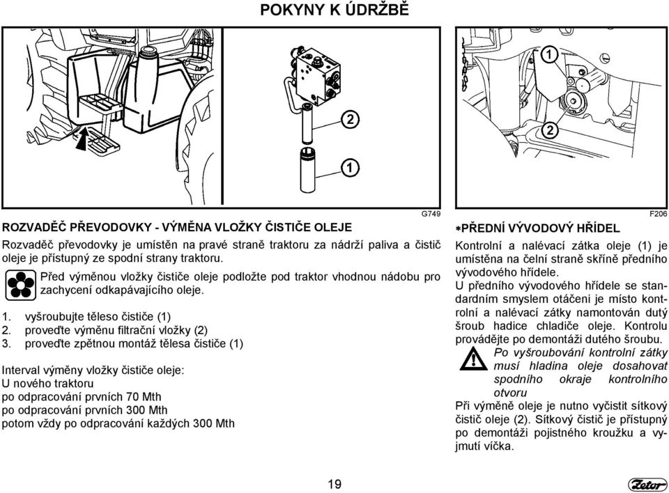 proveďte zpětnou montáž tělesa čističe (1) Interval výměny vložky čističe oleje: U nového traktoru po odpracování prvních 70 Mth po odpracování prvních 300 Mth potom vždy po odpracování každých 300