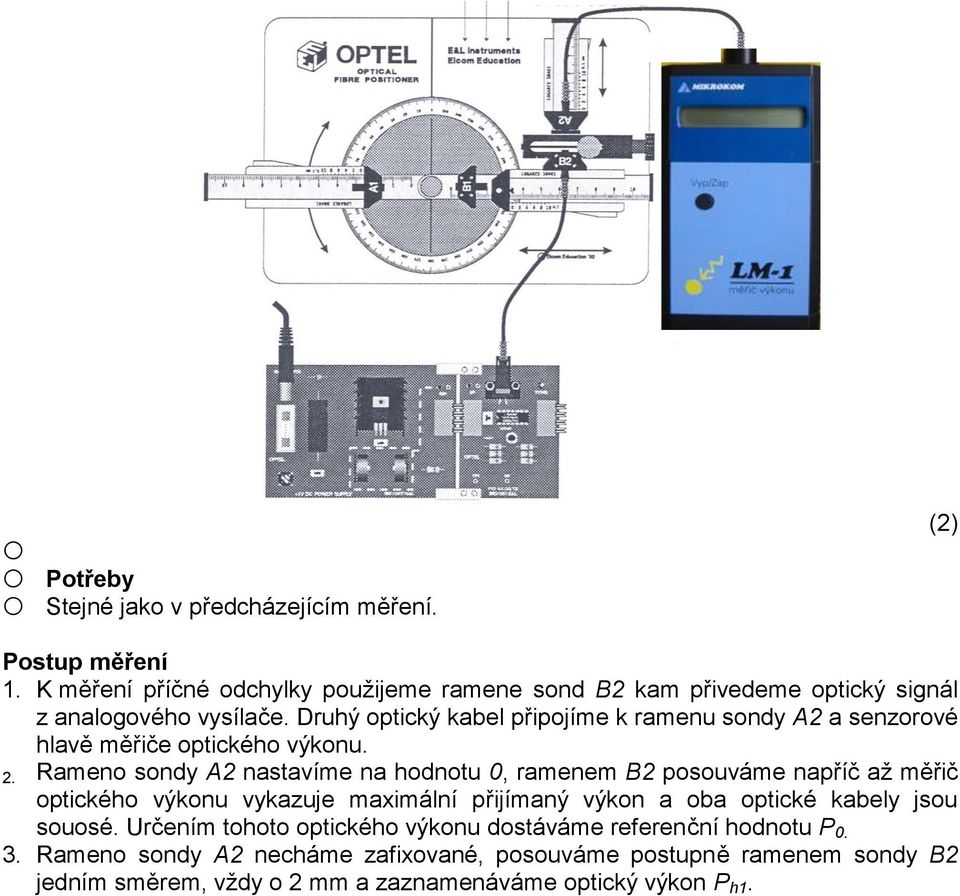 Druhý optický kabel připojíme k ramenu sondy A2 a senzorové hlavě měřiče optického výkonu. 2.