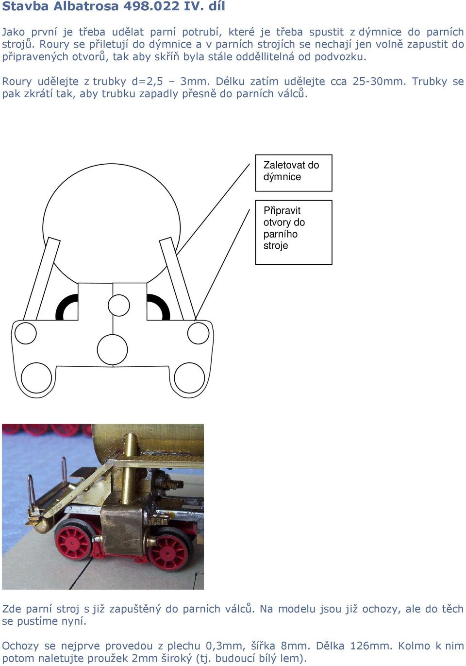 Roury udělejte z trubky d=2,5 3mm. Délku zatím udělejte cca 25-30mm. Trubky se pak zkrátí tak, aby trubku zapadly přesně do parních válců.
