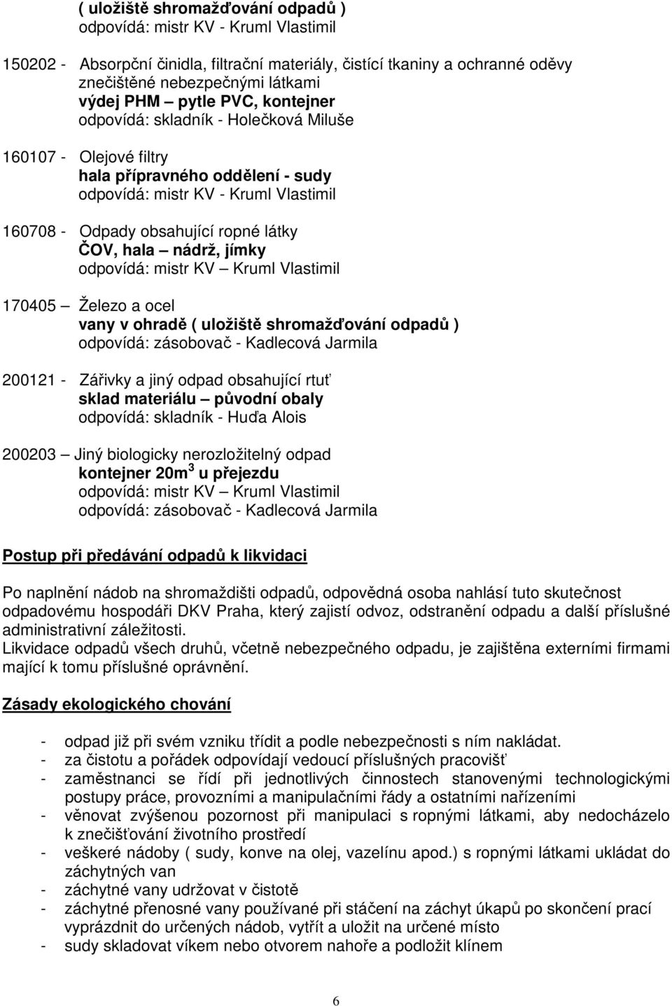 ohradě ( uložiště shromažďování odpadů ) odpovídá: zásobovač - Kadlecová Jarmila 200121 - Zářivky a jiný odpad obsahující rtuť sklad materiálu původní obaly odpovídá: skladník - Huďa Alois 200203