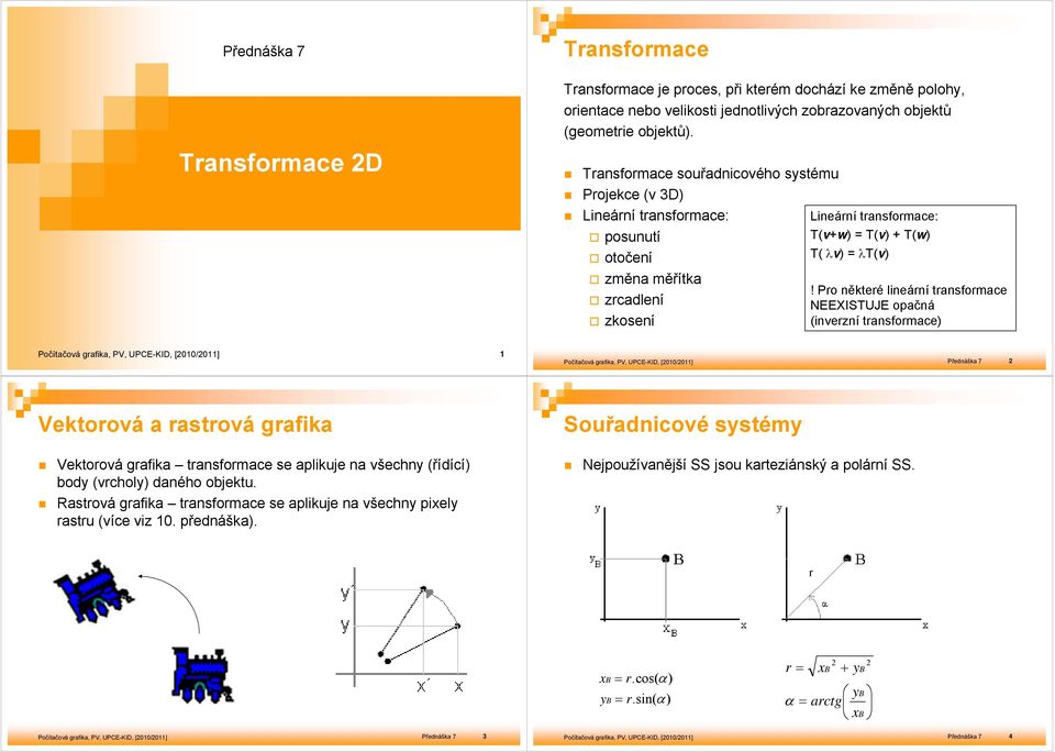 Pro některé lineární transformace NEEXISTUJE opačná (inverzní transformace Počítačová grafika, PV, UPCE-KID, [/] Počítačová grafika, PV, UPCE-KID, [/] Přednáška 7 Vektorová a rastrová grafika