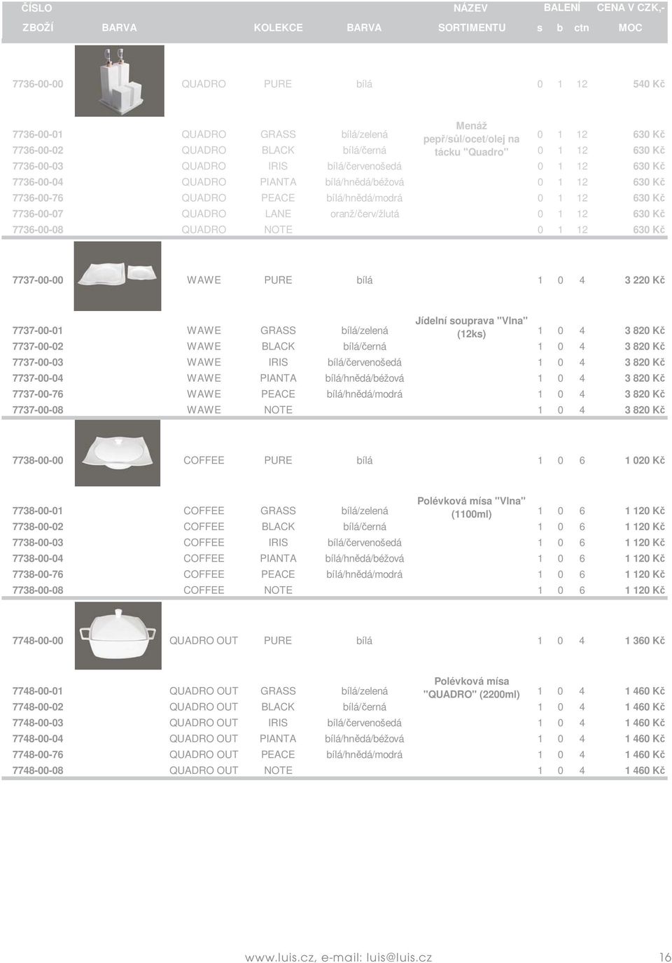 7736-00-07 QUADRO LANE oranž/ erv/žlutá 0 1 12 630 K 7736-00-08 QUADRO NOTE 0 1 12 630 K 7737-00-00 WAWE PURE bílá 1 0 4 3 220 K Jídelní souprava ''Vlna'' 7737-00-01 WAWE GRASS bílá/zelená (12ks) 1 0
