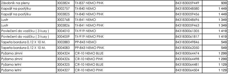 TX-919 NEMO PINK 8431830061817 1 419 Tapeta bordura 0,12 X 10 M. 3002883 PP-843 NEMO 8431830049846 549 Tapeta bordura 0,12 X 10 M.