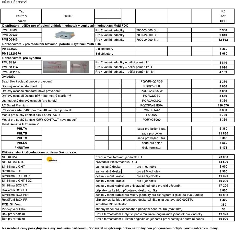 Rozbočovače pro Synchro PMUB11A Pro 2 vnitřní jednotky dělící poměr 1:1 3 840 PMUB111A Pro 3 vnitřní jednotky dělící poměr 1:1:1 3 990 PMUB1111A Pro 4 vnitřní jednotky dělící poměr 1:1:1:1 4 169