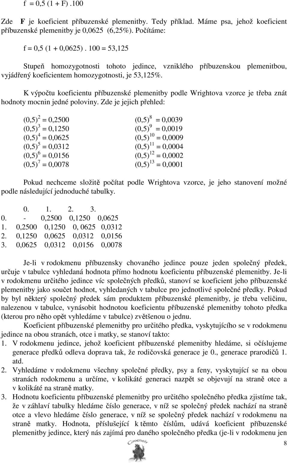 K výpočtu koeficientu příbuzenské plemenitby podle Wrightova vzorce je třeba znát hodnoty mocnin jedné poloviny.