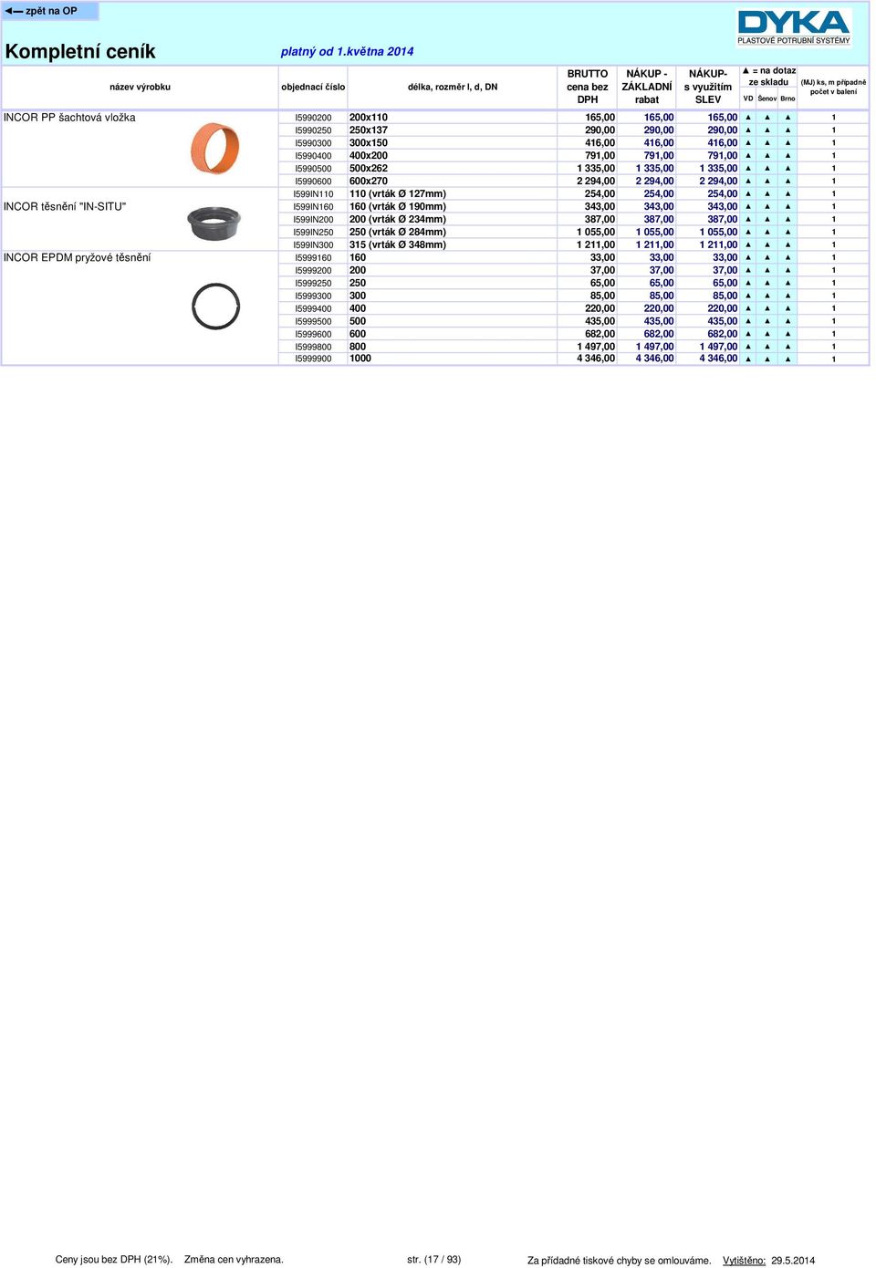 234mm) 387,00 387,00 387,00 I599IN250 250 (vrták Ø 284mm) 055,00 055,00 055,00 I599IN300 35 (vrták Ø 348mm) 2,00 2,00 2,00 INCOR EPDM pryžové těsnění I599960 60 33,00 33,00 33,00 I5999200 200 37,00