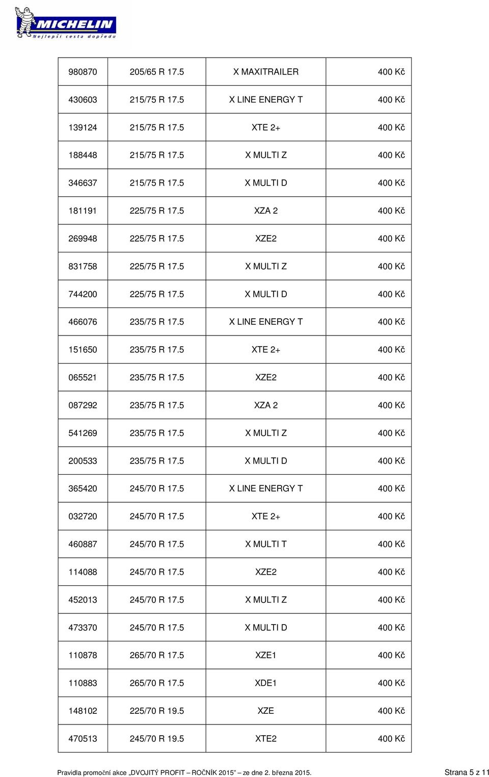 5 X LINE ENERGY T 400 Kč 151650 235/75 R 17.5 XTE 2+ 400 Kč 065521 235/75 R 17.5 XZE2 400 Kč 087292 235/75 R 17.5 XZA 2 400 Kč 541269 235/75 R 17.5 X MULTI Z 400 Kč 200533 235/75 R 17.