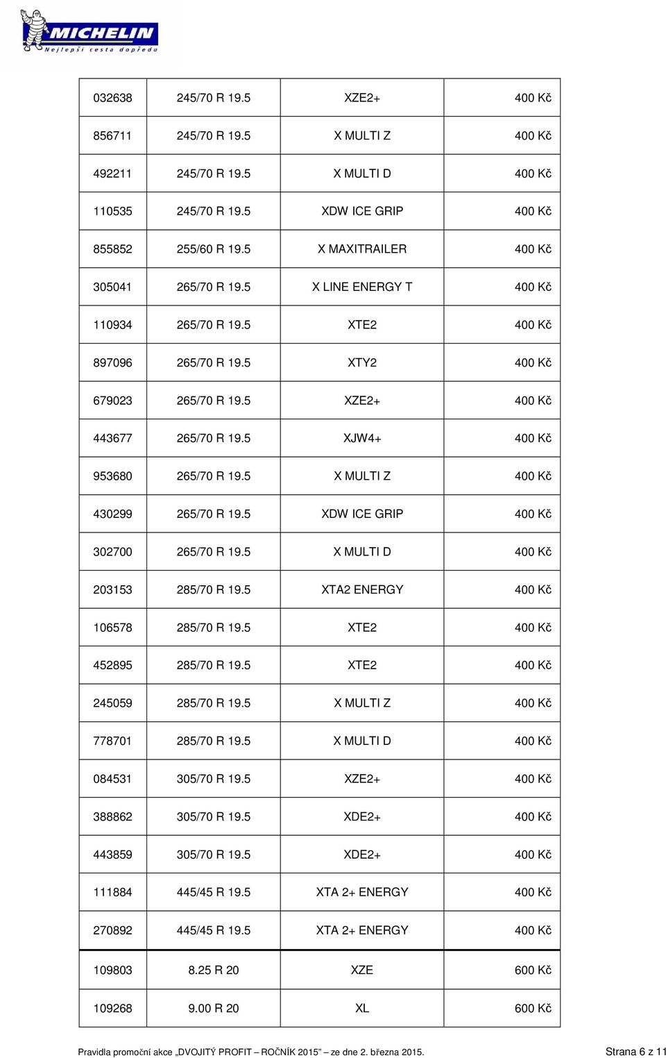 5 XJW4+ 400 Kč 953680 265/70 R 19.5 X MULTI Z 400 Kč 430299 265/70 R 19.5 XDW ICE GRIP 400 Kč 302700 265/70 R 19.5 X MULTI D 400 Kč 203153 285/70 R 19.5 XTA2 ENERGY 400 Kč 106578 285/70 R 19.