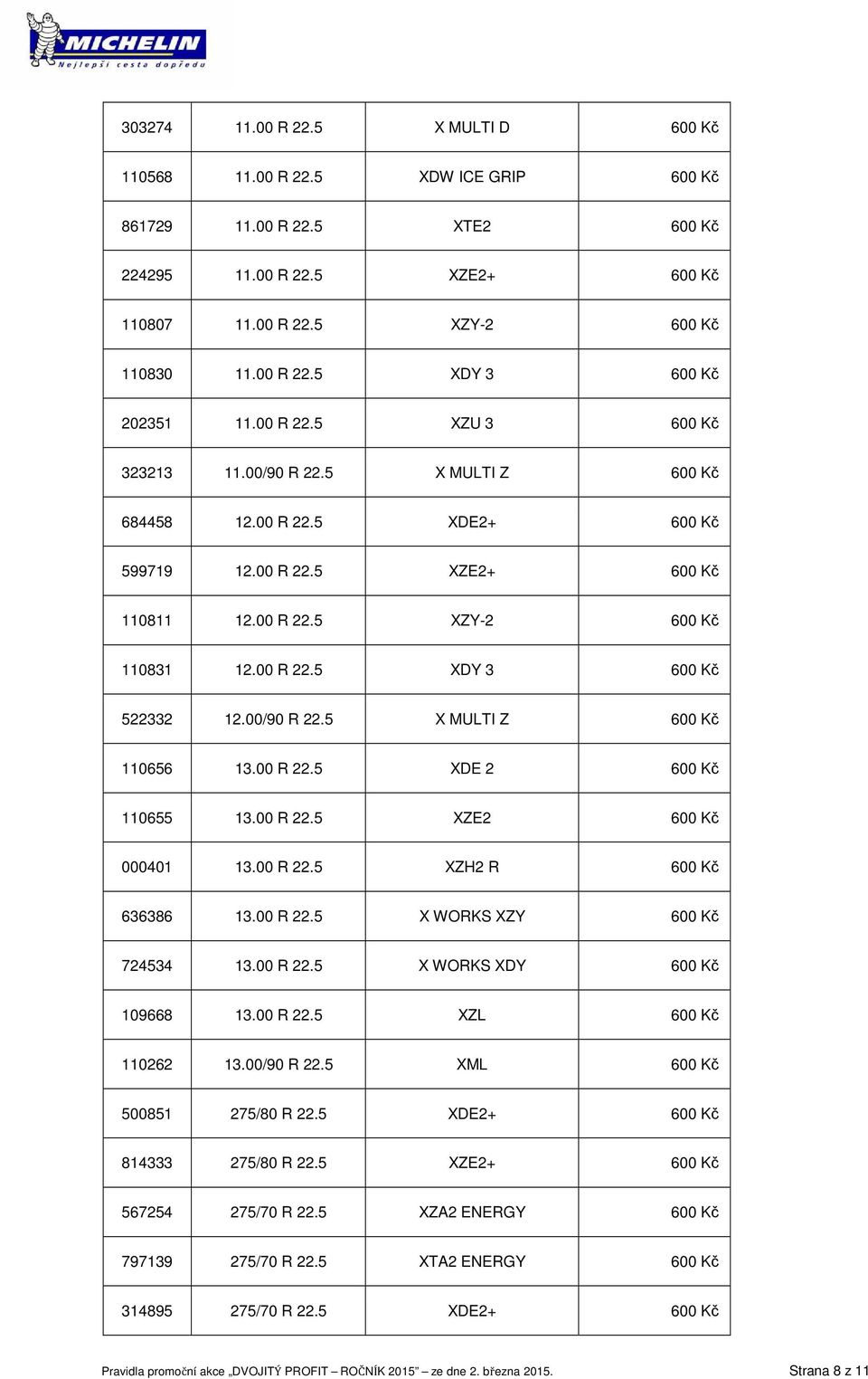 00/90 R 22.5 X MULTI Z 600 Kč 110656 13.00 R 22.5 XDE 2 600 Kč 110655 13.00 R 22.5 XZE2 600 Kč 000401 13.00 R 22.5 XZH2 R 600 Kč 636386 13.00 R 22.5 X WORKS XZY 600 Kč 724534 13.00 R 22.5 X WORKS XDY 600 Kč 109668 13.