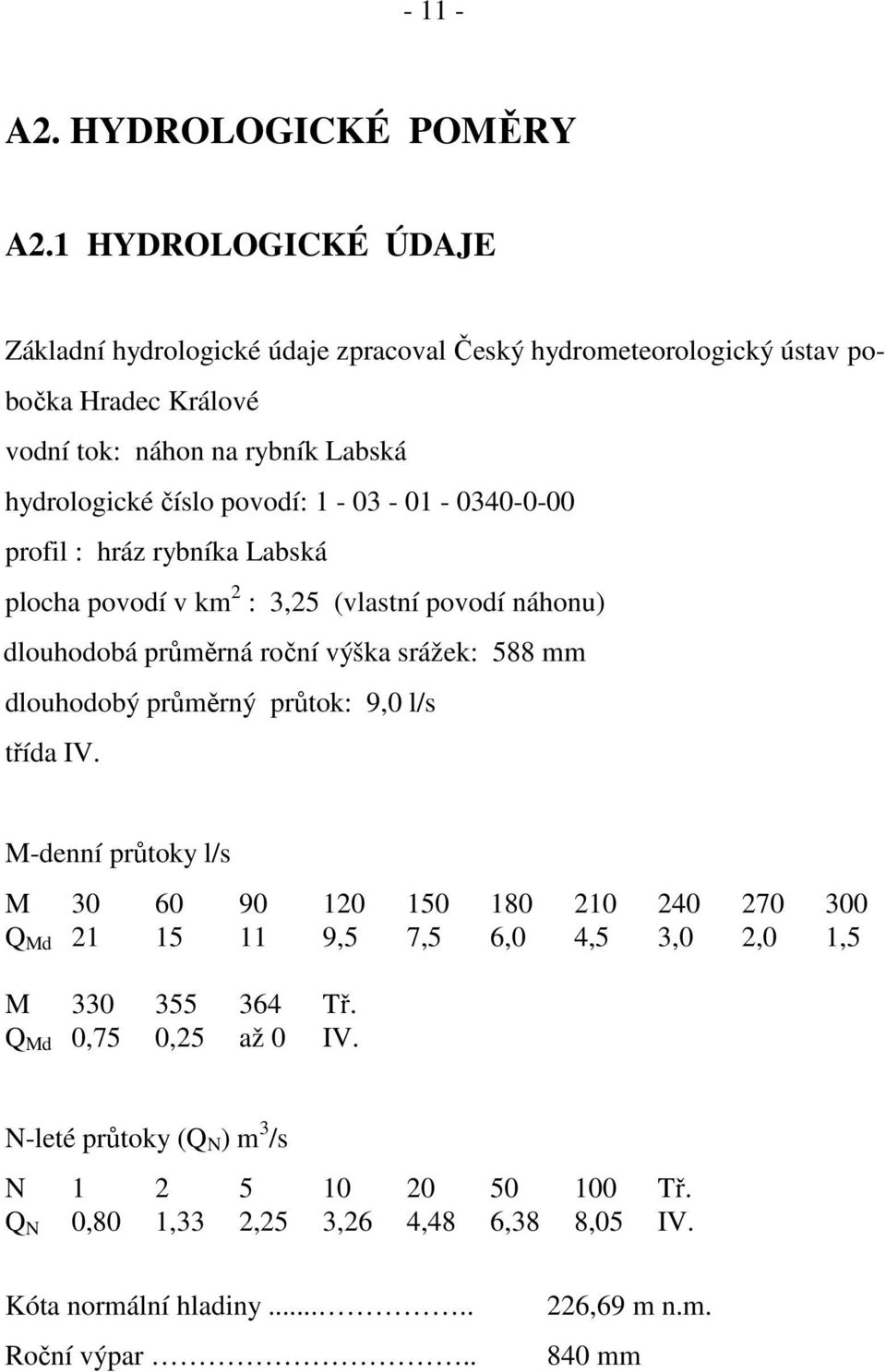 1-03 - 01-0340-0-00 profil : hráz rybníka Labská plocha povodí v km 2 : 3,25 (vlastní povodí náhonu) dlouhodobá průměrná roční výška srážek: 588 mm dlouhodobý průměrný průtok: