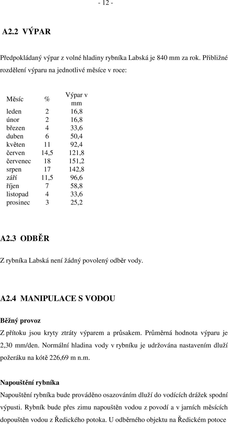 11,5 96,6 říjen 7 58,8 listopad 4 33,6 prosinec 3 25,2 A2.3 ODBĚR Z rybníka Labská není žádný povolený odběr vody. A2.4 MANIPULACE S VODOU Běžný provoz Z přítoku jsou kryty ztráty výparem a průsakem.