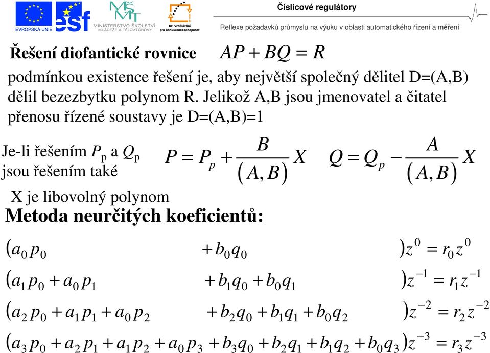 Jelikož, jsou jmenovatel a čitatel řenosu říené soustavy je, Je-li řešením P a Q jsou řešením také,, P P X Q