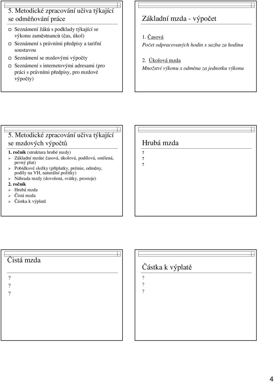 Úkolová mzda Množství výkonu x odměna za jednotku výkonu 5. Metodické zpracování učiva týkající se mzdových výpočtů 1.