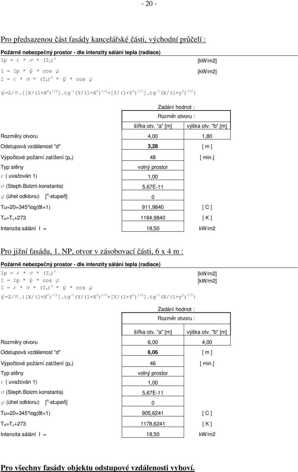 "b" [m] Rozměry otvoru 4,00 1,80 Odstupová vzdálenost "d" 3,28 [ m ] Výpočtové požární zatížení (p v) 48 [ min.] Typ stěny volný prostor e ( uvažován 1) 1,00 s (Steph.Bolzm.