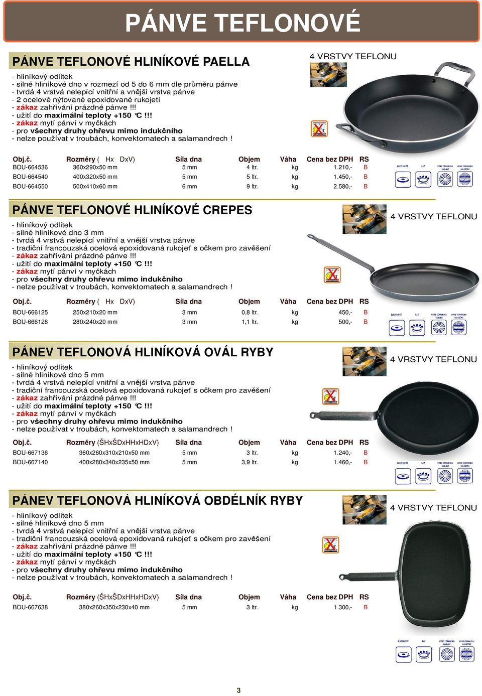 . Rozm ry ( Hx DxV) Síla dna Objem Váha ena bez DPH RS OU-664536 360x290x50 mm 5 mm 4 ltr. kg 1.210,- OU-664540 400x320x50 mm 5 mm 5 ltr. kg 1.450,- OU-664550 500x410x60 mm 6 mm 9 ltr. kg 2.
