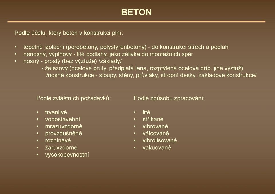 příp. jiná výztuž) /nosné konstrukce - sloupy, stěny, průvlaky, stropní desky, základové konstrukce/ Podle zvláštních požadavků: trvanlivé