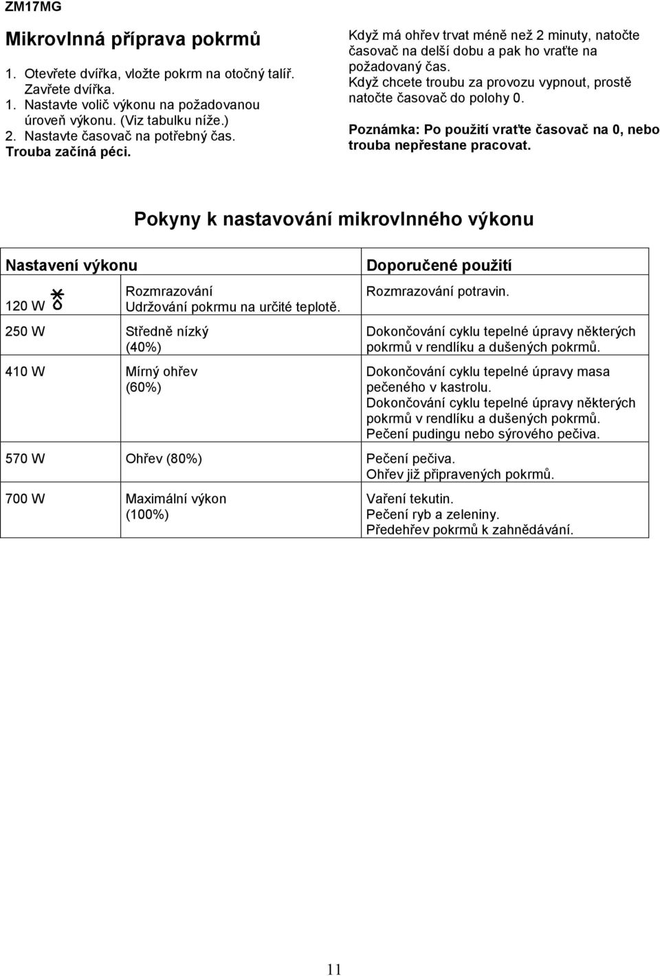 Když chcete troubu za provozu vypnout, prostě natočte časovač do polohy 0. Poznámka: Po použití vraťte časovač na 0, nebo trouba nepřestane pracovat.