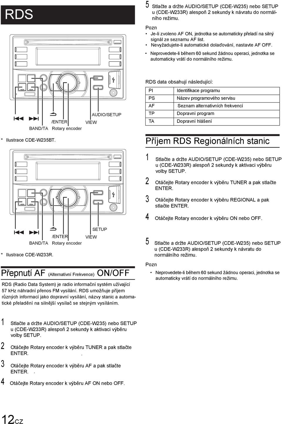 Neprovedete-li během 60 sekund žádnou operaci, jednotka se automaticky vrátí do normálního režimu. /ENTER BAND/TA Rotary encoder * Ilustrace CDE-W235BT.