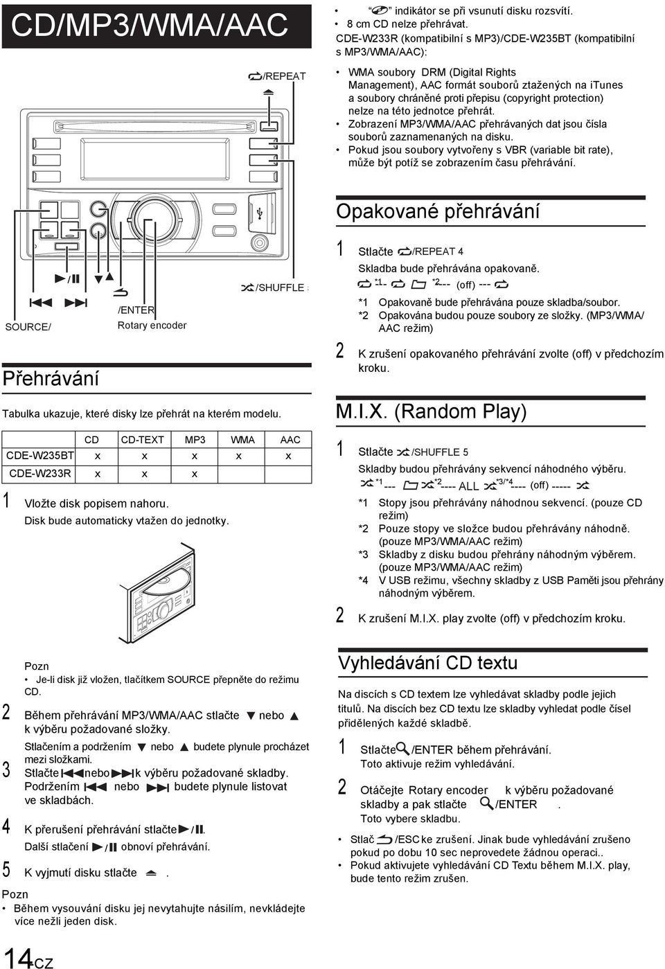 protection) nelze na této jednotce přehrát. Zobrazení MP3/WMA/AAC přehrávaných dat jsou čísla souborů zaznamenaných na disku.