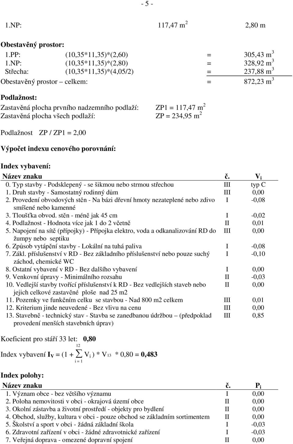 Zastavěná plocha všech podlaží: ZP = 234,95 m 2 Podlažnost ZP / ZP1 = 2,00 Výpočet indexu cenového porovnání: Index vybavení: Název znaku č. V i 0.