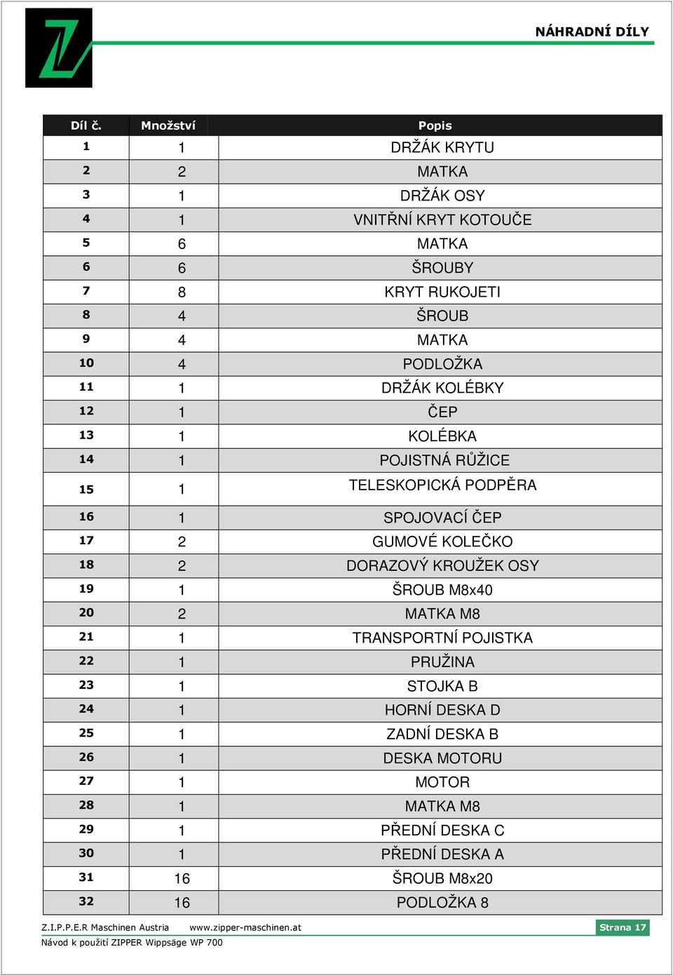 DRŽÁK KOLÉBKY 12 1 ČEP 13 1 KOLÉBKA 14 1 POJISTNÁ RŮŽICE 15 1 TELESKOPICKÁ PODPĚRA 16 1 SPOJOVACÍ ČEP 17 2 GUMOVÉ KOLEČKO 18 2 DORAZOVÝ KROUŽEK OSY 19 1