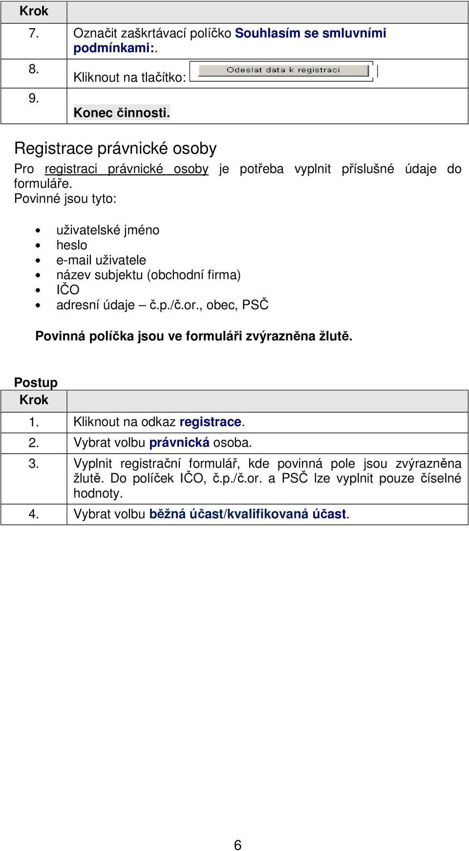 Povinné jsou tyto: uživatelské jméno heslo e-mail uživatele název subjektu (obchodní firma) IČO adresní údaje č.p./č.or.