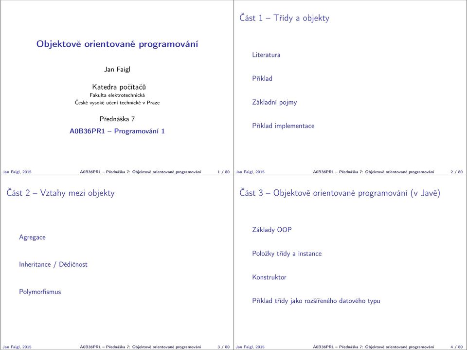 programování 2 / 80 Část 2 Vztahy mezi objekty Část 3 Objektově orientované programování (v Javě) Agregace Inheritance / Dědičnost Polymorfismus Základy OOP Položky třídy a instance Konstruktor