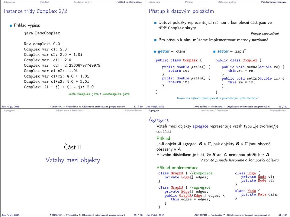 java Přístup k datovým položkám Datové položky reprezentující reálnou a komplexní část jsou ve třídě Complex skryty.