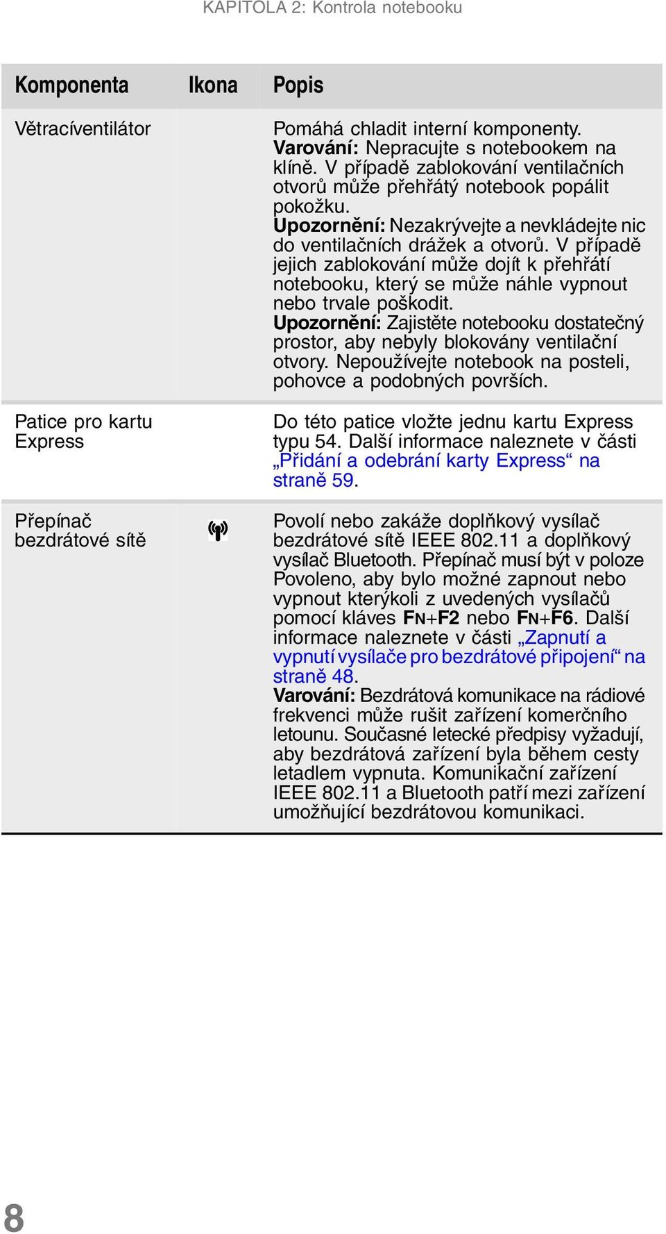 V případě jejich zablokování může dojít k přehřátí notebooku, který se může náhle vypnout nebo trvale poškodit.