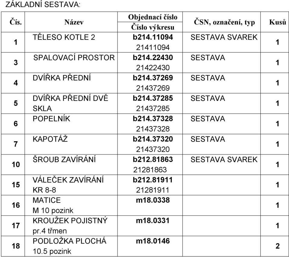 3769 SESTAVA 43769 5 DVÍŘKA PŘEDNÍ DVĚ b4.3785 SESTAVA SKLA 43785 6 POPELNÍK b4.3738 SESTAVA 43738 7 KAPOTÁŽ b4.