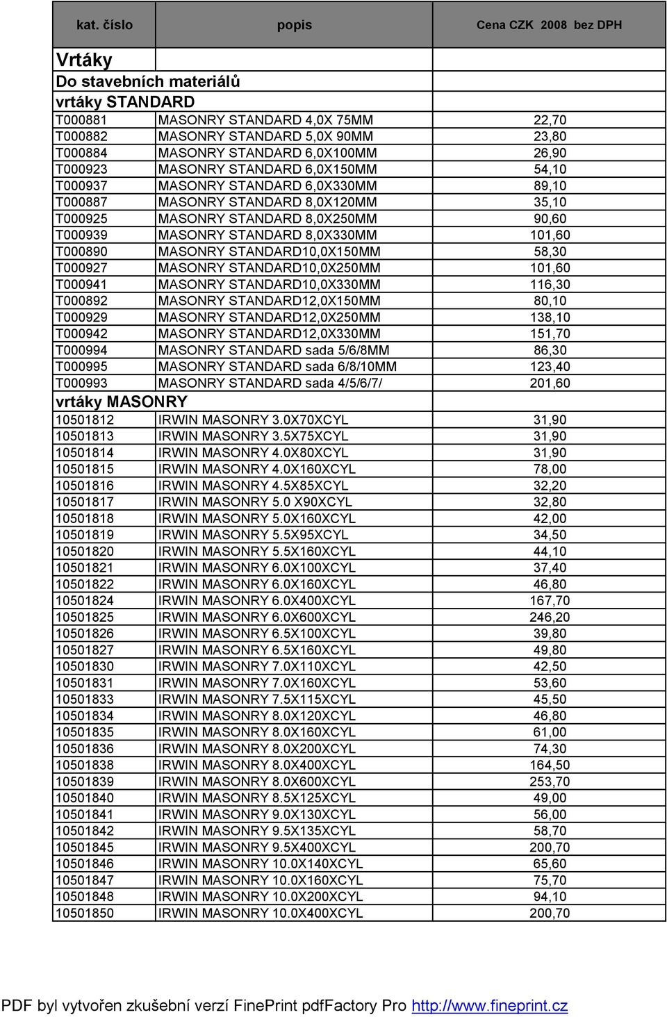 STANDARD 8,0X330MM 101,60 T000890 MASONRY STANDARD10,0X150MM 58,30 T000927 MASONRY STANDARD10,0X250MM 101,60 T000941 MASONRY STANDARD10,0X330MM 116,30 T000892 MASONRY STANDARD12,0X150MM 80,10 T000929