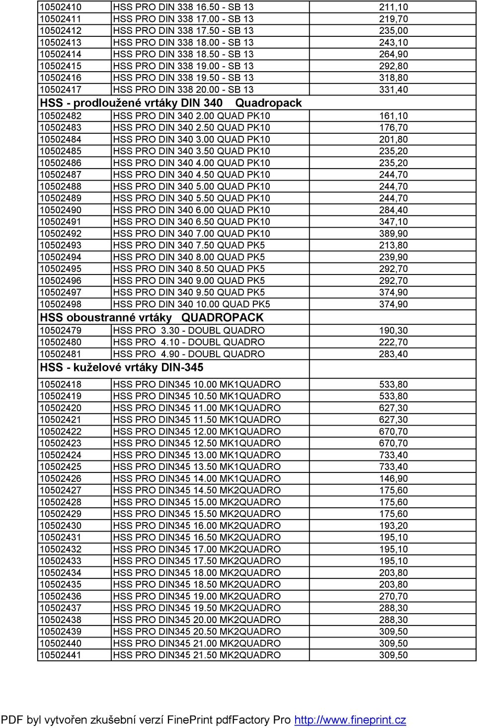 00 - SB 13 331,40 HSS - prodloužené vrtáky DIN 340 Quadropack 10502482 HSS PRO DIN 340 2.00 QUAD PK10 161,10 10502483 HSS PRO DIN 340 2.50 QUAD PK10 176,70 10502484 HSS PRO DIN 340 3.