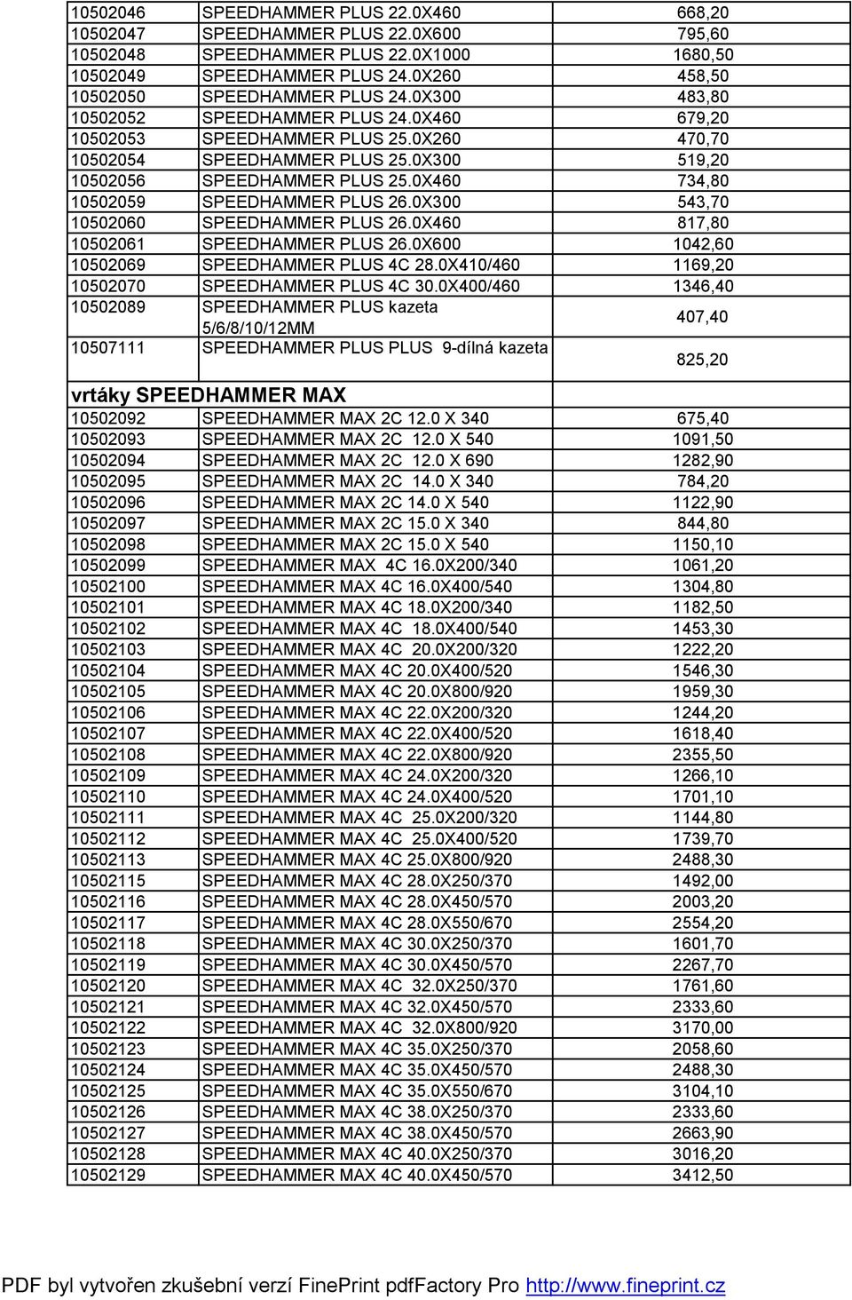 0X460 734,80 10502059 SPEEDHAMMER PLUS 26.0X300 543,70 10502060 SPEEDHAMMER PLUS 26.0X460 817,80 10502061 SPEEDHAMMER PLUS 26.0X600 1042,60 10502069 SPEEDHAMMER PLUS 4C 28.