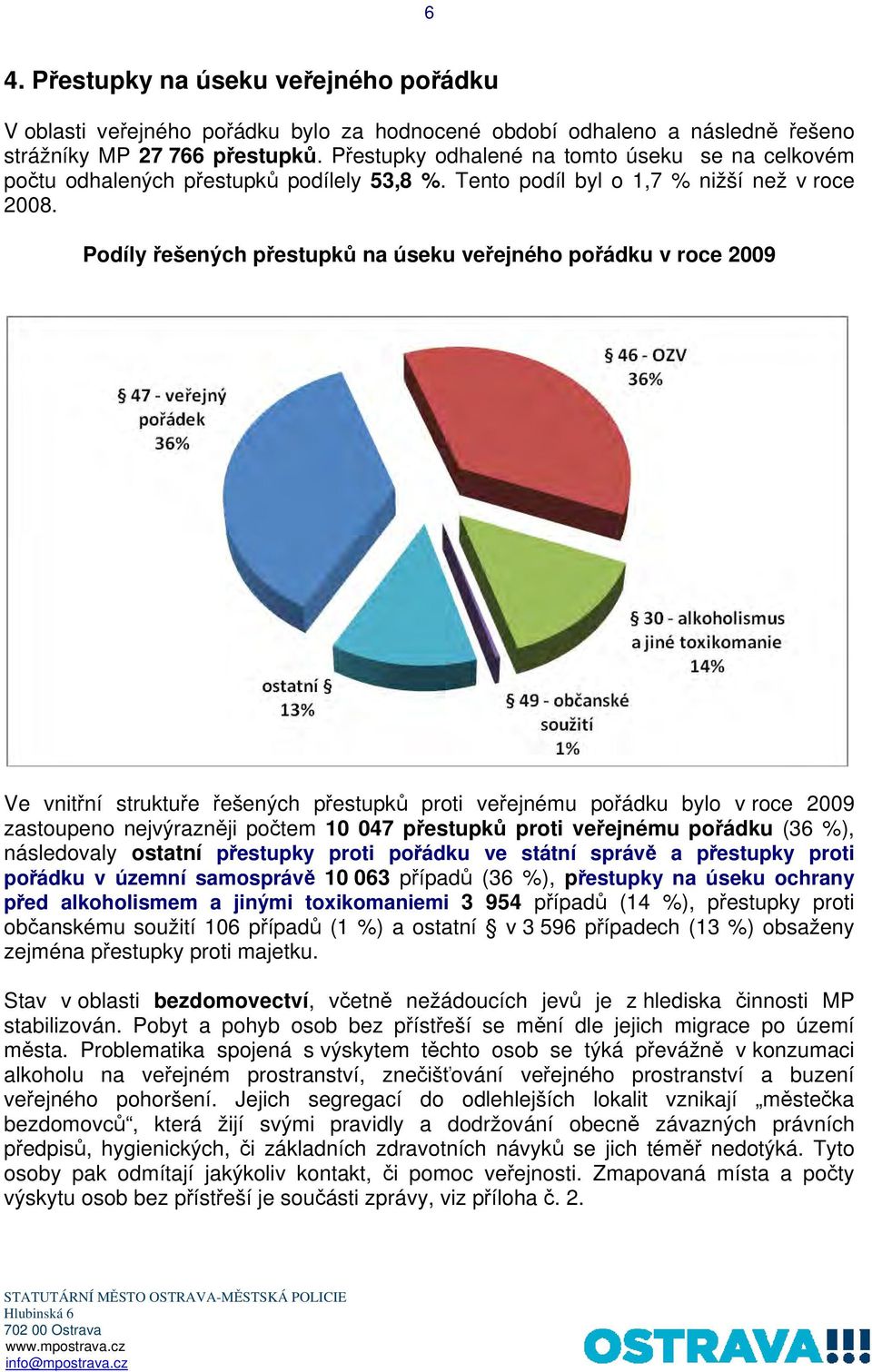 Podíly řešených přestupků na úseku veřejného pořádku v roce 2009 Ve vnitřní struktuře řešených přestupků proti veřejnému pořádku bylo v roce 2009 zastoupeno nejvýrazněji počtem 10 047 přestupků proti