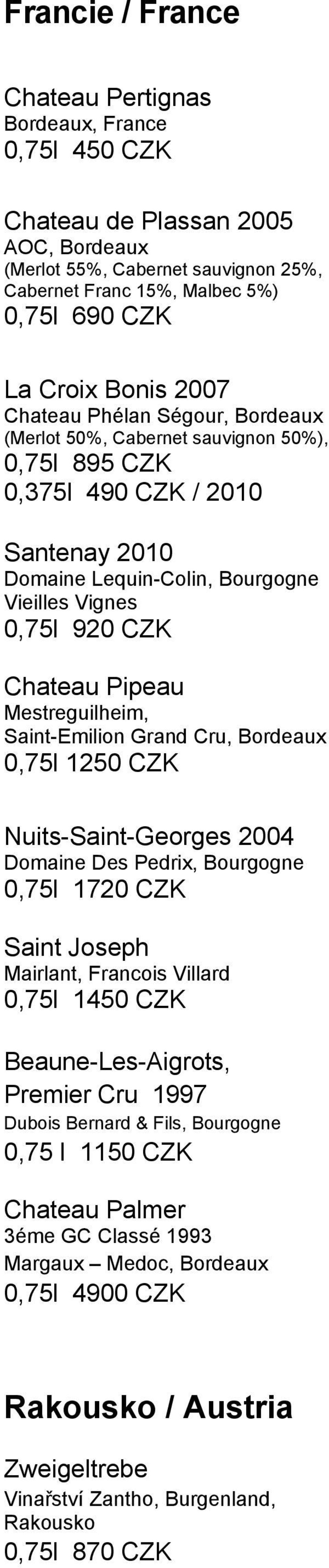 Chateau Pipeau Mestreguilheim, Saint-Emilion Grand Cru, Bordeaux 0,75l 1250 CZK Nuits-Saint-Georges 2004 Domaine Des Pedrix, Bourgogne 0,75l 1720 CZK Saint Joseph Mairlant, Francois Villard 0,75l