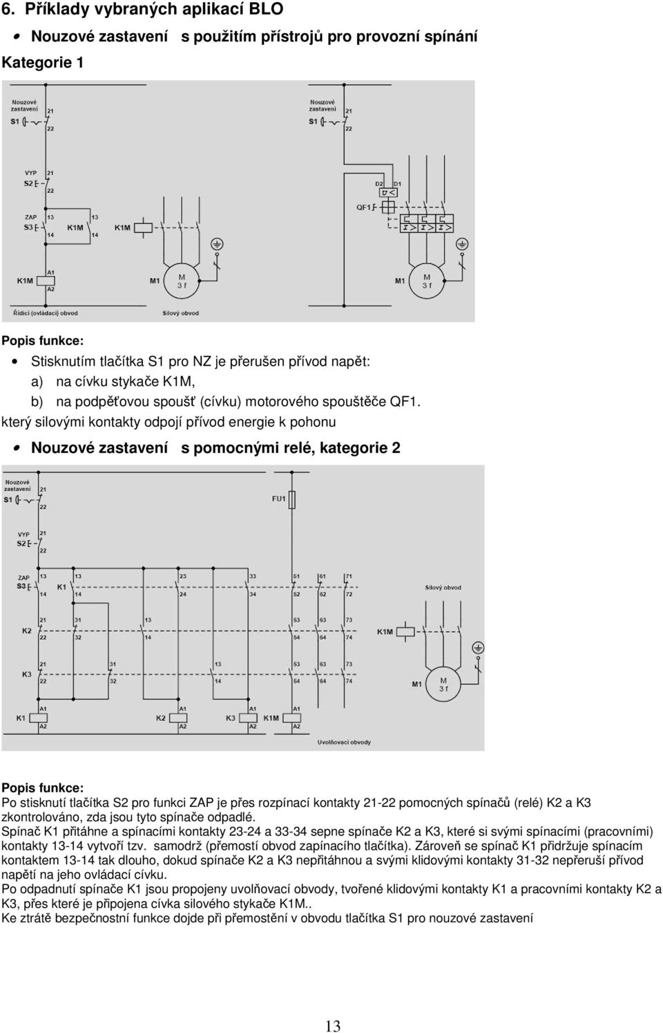 který silovými kontakty odpojí přívod energie k pohonu Nouzové zastavení s pomocnými relé, kategorie 2 Popis funkce: Po stisknutí tlačítka S2 pro funkci ZAP je přes rozpínací kontakty 21-22 pomocných
