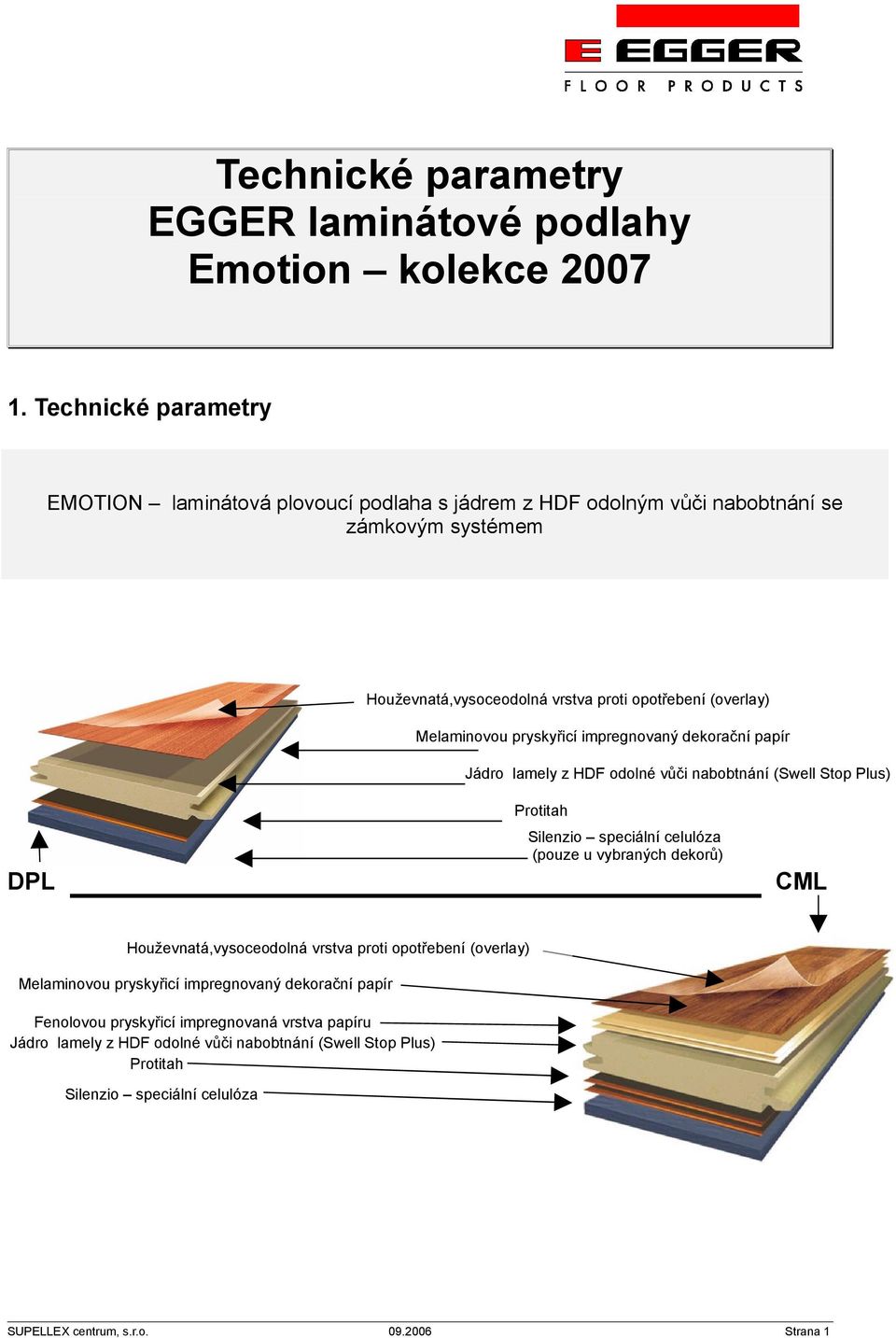 Melaminovou pryskyřicí impregnovaný dekační papír Jádro lamely z HDF odolné vůči nabobtnání (Swell Stop Plus) DPL Protitah Silenzio speciální celulóza (pouze u vybraných deků) CML
